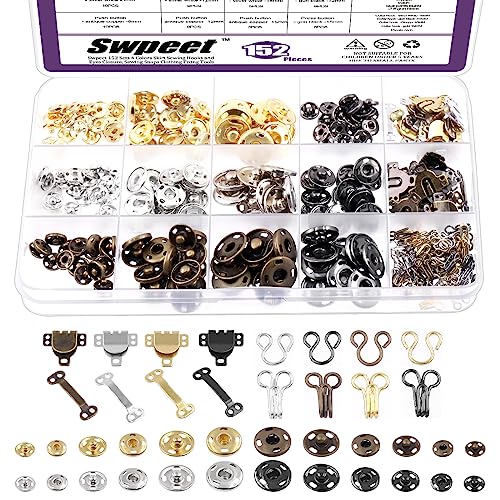 Swpeet 152Pairs 3 Styles 4 Farben Rock Haken und Augen Nähen Haken mit Metall Nähen Snap Buttons Assortment Kit, Nähen Snaps Haken und Ösen mit Metall Druckknöpfe für Kleidung von Swpeet