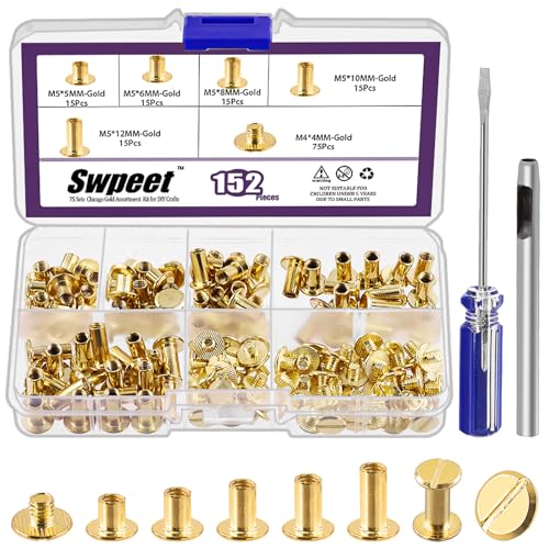 Swpeet 152Pcs M5x5mm, 6mm, 8mm, 10mm, 12mm Gold Schrauben Ledernieten sortiert mit Lochstanzer und Schraubendreher, Runde flache Kopf Stud Schraube für DIY Leder Handwerk und Buchbinden von Swpeet