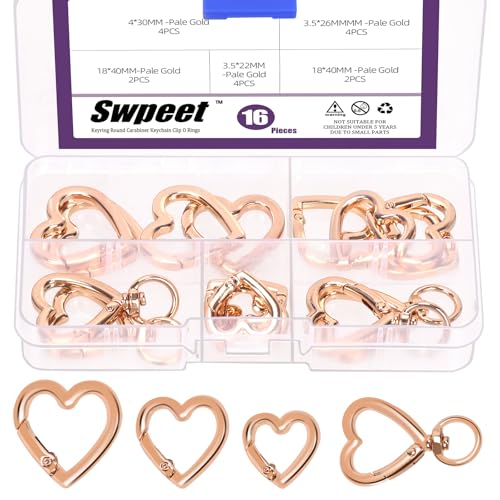 Swpeet 16pcs 3Sizes Gold Herz-förmige Frühling Ringe und Herz-Frühling Snap Haken Drehring Sortiment Kit, Herz Karabiner Schlüsselanhänger Clip Herz-förmige Ringe für DIY, Handwerk ﻿ von Swpeet
