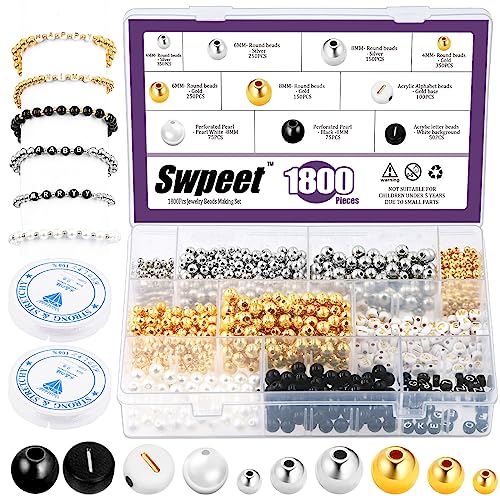 Swpeet 1802Pcs 3 Größen Schmuck Perlen machen Set, 4mm 6mm 8mm Gold Silber Runde Spacer Perlen, lose Kugel Perlen Alphabet Perlen mit 2 Rollen elastische Schnur für DIY-Armband Handwerk Schmuck von Swpeet