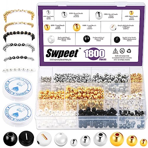 Swpeet 1802Pcs 3 Größen Schmuck Perlen machen Set, 4mm 6mm 8mm Gold Silber Runde Spacer Perlen, lose Kugel Perlen Alphabet Perlen mit 2 Rollen elastische Schnur für DIY-Armband Handwerk Schmuck Swpeet 1802Pcs 3 Größen Schmuck Perlen machen Set, 4mm 6mm 8mm Gold Silber Runde Spacer Perlen, lose Kugel Perlen Alphabet Perlen mit 2 Rollen elastische Schnur für DIY-Armband Handwerk Schmuck von Swpeet