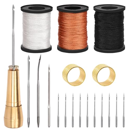 Swpeet 19Pcs Portable Canvas Leder Nähen Awl Nadel Kit beinhaltet 50m gewachstes Nylonschnur Faden, Kupfergriff, 2Pcs Fingerhut für schwere Stoffe, handgemachte Leder Nähwerkzeuge und Leder Reparatur Swpeet 19Pcs Portable Canvas Leder Nähen Awl Nadel Kit beinhaltet 50m gewachstes Nylonschnur Faden, Kupfergriff, 2Pcs Fingerhut für schwere Stoffe, handgemachte Leder Nähwerkzeuge und Leder Reparatur von Swpeet