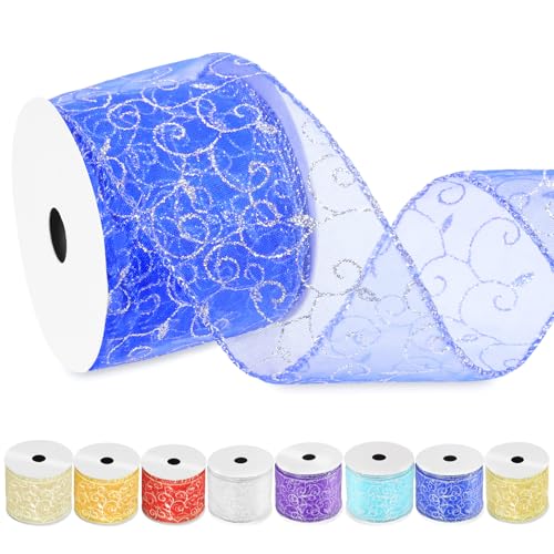 Swpeet 2-1/2 Zoll × 10 Yard Blue Swirl Glitter Wired Band, Organza Sheer Band mit Gold Metallic Rand, Glitter Swirls Wired Band, Weihnachten Wired Band für Baum Dekoration Verpackung Geschenke Swpeet 2-1/2 Zoll × 10 Yard Blue Swirl Glitter Wired Band, Organza Sheer Band mit Gold Metallic Rand, Glitter Swirls Wired Band, Weihnachten Wired Band für Baum Dekoration Verpackung Geschenke von Swpeet