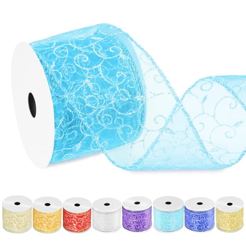 Swpeet 2-1/2 Zoll × 10 Yard Lake Blue Swirl Glitter Wired Band, Organza Sheer Band mit Gold Metallic Rand, Glitter Swirls Wired Band, Weihnachten Wired Band für Baum Dekoration Verpackung Geschenke Swpeet 2-1/2 Zoll × 10 Yard Lake Blue Swirl Glitter Wired Band, Organza Sheer Band mit Gold Metallic Rand, Glitter Swirls Wired Band, Weihnachten Wired Band für Baum Dekoration Verpackung Geschenke von Swpeet