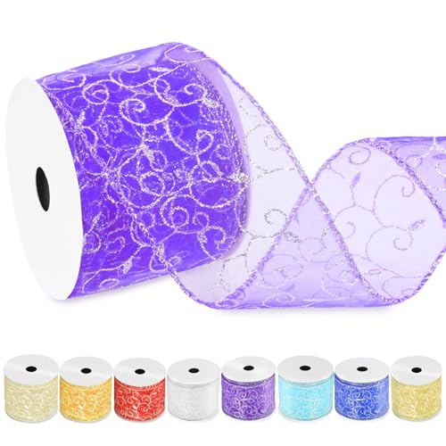 Swpeet 2-1/2 Zoll × 10 Yard Lila Swirl Glitter Wired Band, Organza Sheer Band mit Gold Metallic Rand, Glitter Swirls Wired Band, Weihnachten Wired Band für Baum Dekoration Geschenke Handwerk Swpeet 2-1/2 Zoll × 10 Yard Lila Swirl Glitter Wired Band, Organza Sheer Band mit Gold Metallic Rand, Glitter Swirls Wired Band, Weihnachten Wired Band für Baum Dekoration Geschenke Handwerk von Swpeet