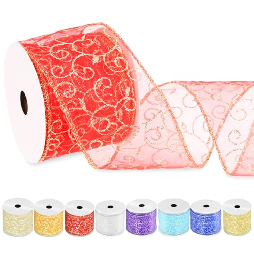 Swpeet 2-1/2 Zoll × 10 Yard Red Swirl Glitter Wired Band, Organza Sheer Band mit Gold Metallic Rand, Glitter Swirls Wired Band, Weihnachten Wired Band für Baum Dekoration Verpackung Geschenke Handwerk Swpeet 2-1/2 Zoll × 10 Yard Red Swirl Glitter Wired Band, Organza Sheer Band mit Gold Metallic Rand, Glitter Swirls Wired Band, Weihnachten Wired Band für Baum Dekoration Verpackung Geschenke Handwerk von Swpeet