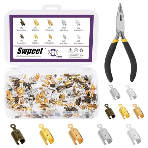 Swpeet 251pcs 5 Farben 3mm 5mm Runde Falten über Cord Ends Cord Crimp Tipps mit Installationszange Sortiment Kit, Leder Cord End Verschluss Tipps Kappen, Schmuck Steckverbinder für DIY Schmuck von Swpeet