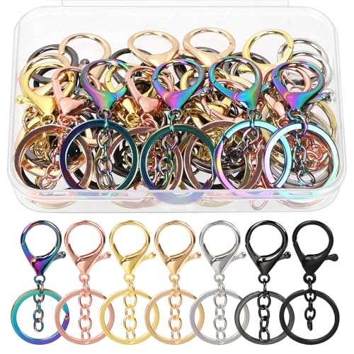 Swpeet 28pcs 7 Farben Hummer Claw Verschlüsse mit Schlüsselanhänger und Flat Split Schlüsselanhänger Ring Sortiment Kit, Schwenkverschlüsse Haken Clips Schwenkschnapps Haken für Taschengurt von Swpeet