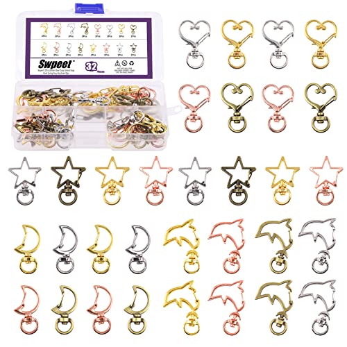 Swpeet 32 Stück 4 Formen 4 Farben Karabinerverschluss Schlüsselanhänger Sortiment Kit Delfin Liebe Mond Stern Form Karabinerverschluss Lanyard Anhänger Schlüsselanhänger für DIY Metall Karabinerhaken von Swpeet