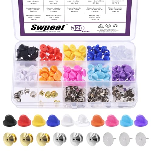 Swpeet 320Pcs Gummi Pin Backs Locking Butterfly Kupplung Mit 10mm Blank Pins Kit, Tie Tacks Keepers Ersatz mit Aufbewahrungskoffer Passt für Uniform Abzeichen und Handwerk Herstellung von Swpeet