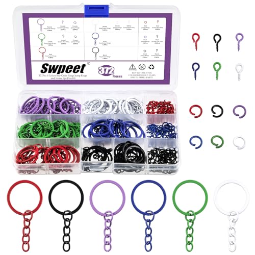 Swpeet 372Pcs 6 Farben 25mm.1Inch Schlüsselanhänger Ringe Kit, beinhaltet 72Pcs 25mm Schlüsselanhänger Ringe mit Kette, 150Pcs Open Jump Ring und 150Pcs Schraubaugen Pins für DIY Handwerk von Swpeet