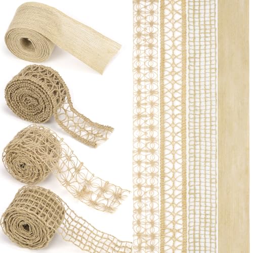 Swpeet 4 Rollen Burlap Spitze Handwerk Band Trim Handwerk Band, Natürliches Netzband DIY Handwerk Rustikale Burlap Stoff Rolle für Kränze Bögen Bauernhaus Party Heimdekor von Swpeet