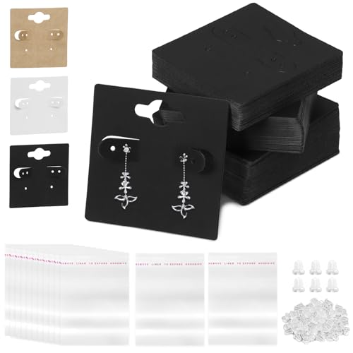 Swpeet 400-teiliges Ohrring-Hängekarten-Set mit 100 Stück 5,1 x 5,1 cm quadratischen, dicken, schwarzen, leeren Papier-Ohrring-Display-Karten mit 6 vorgeschnittenen Löchern, 200 von Swpeet