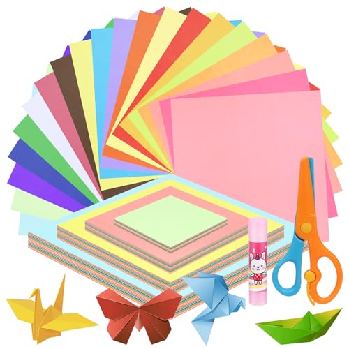 Swpeet 402Pcs 4 Größen 4/6/8/10 Zoll Origami Papier Kit mit Klebestift und Schere, doppelseitiges Farbquadratisches Faltpapier für DIY Schule Kunst Handwerk Projekte Kinder Erwachsene von Swpeet