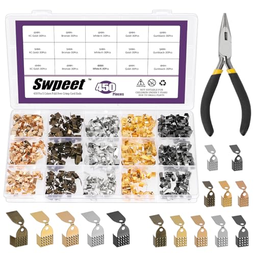 Swpeet 451pcs 5 Farben 4mm 5mm 6mm Fold Over Cord Ends Cord Crimp Tipps mit Installationszange Sortiment Kit, Leder Band Cord End Verschluss Tipps Kappen, Schmuck Steckverbinder für DIY Schmuck von Swpeet