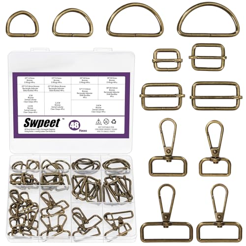 Swpeet 48pcs 4 Größen Bronze Metall D Ring & Rechteck Justierer Triglides Rutschen Schnalle & D Ring Drehbare Hummer Verschluss Kit, Halbkreis D Ringe Rollenstift Schnallen Drehbare Snap Haken von Swpeet