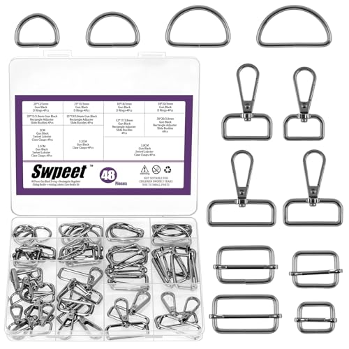 Swpeet 48pcs 4 Größen Glanz Schwarz Metall D Ring & Rechteck Justierer Triglides Rutschen Schnalle & D Ring Drehbare Hummer Verschluss Kit, für Gürtel DIY Handwerk von Swpeet