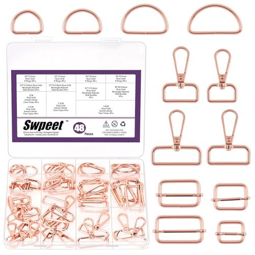 Swpeet 48pcs 4 Größen Rose Gold Metall D Ring & Rechteck Justierer Triglides Rutschen Schnalle & D Ring drehbarer Hummer Verschluss Kit, halbkreis D Ringe Rollenstift Schnallen drehbarer Snap Haken von Swpeet