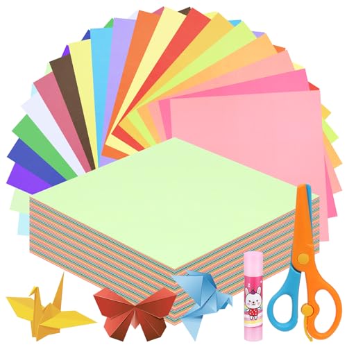 Swpeet 4x 4 Zoll 700 Blätter 20 lebhafte Farben Origami Papier Kit mit Klebestift und Schere, doppelseitiges Farbquadratisches Faltpapier für DIY Schule Kunst Handwerk Projekte Kinder Erwachsene von Swpeet