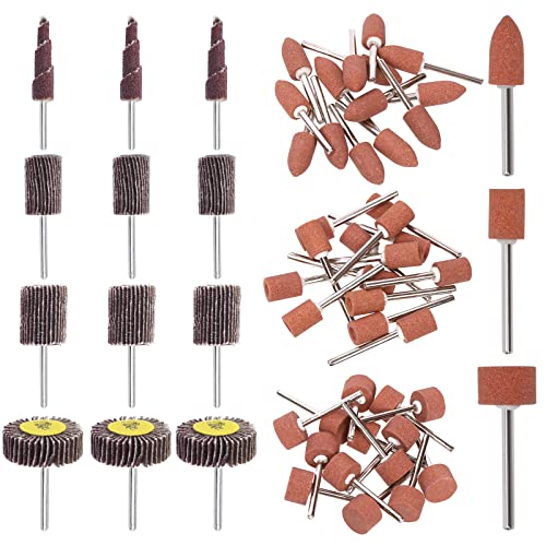 Swpeet 54Pcs 1/8" Schaft Schleifstein Set, 2-geformte 2-Größen Schleifbohrer für Drehwerkzeugklappenscheibe, 4-Größen 80-Grit Kegelform Schleifpapier Klappenscheibe von Swpeet