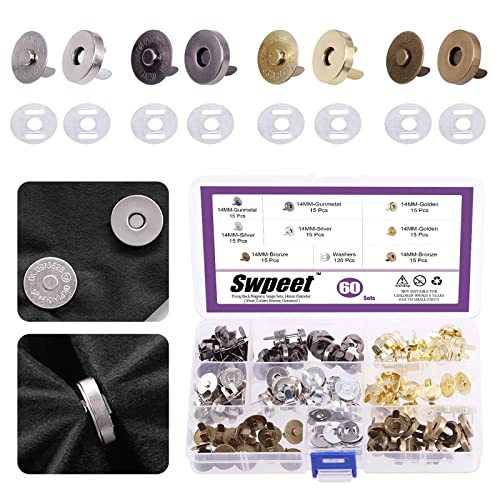 Swpeet 60 Sets magnetische Knopfverschlüsse, 14 mm Metallverschluss, Verschlüsse aus Gold, Silber, Bronze, Schwarz, Basteln, Nähen, Stricken, Knöpfe, Sets zum Nähen, Geldbörsen, Kleidung, Leder von Swpeet