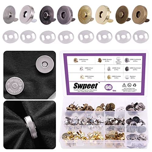 Swpeet 60 Sets magnetische Knopfverschlüsse, 18 mm, Metall-Verschlüsse, Gold, Silber, Bronze, Schwarz, DIY, Basteln, Nähen, Stricken, Sets zum Nähen, Geldbörsen, Taschen, Kleidung, Leder von Swpeet