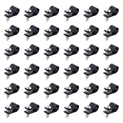 Swpeet 60 Stück schwarze Nylon-Kunststoff-Kabel-Clips, R-Typ, Klemmen-Kit, Nylon-Schraubbefestigungs-Clips mit 60 Stück Schrauben für Draht-Management (5/16 Zoll), schwarz) von Swpeet
