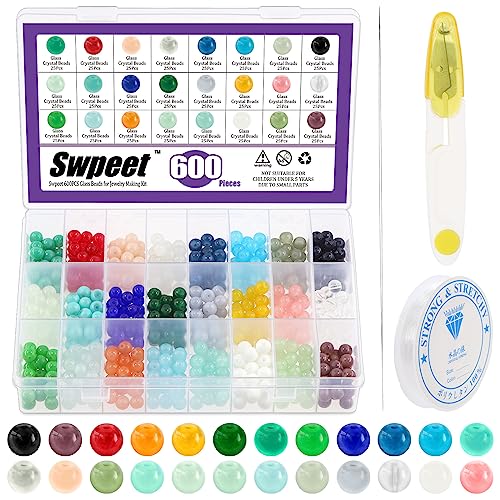 Swpeet 603Pcs 24 Farben Glas Runde Perlen Set für Schmuck machen, 8mm Glasperlen Armband machen Kit, einschließlich Perlen, Schere, elastische Schnüre Schnur, Perlen Nadeln für DIY Armband Halskette von Swpeet