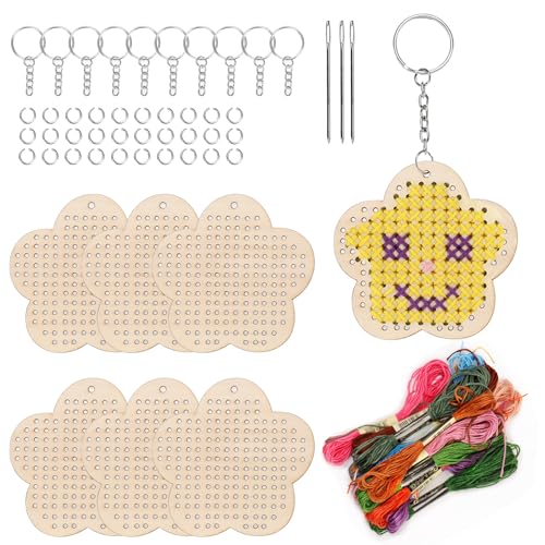 Swpeet 64Pcs Blume Form Holz Kreuz Stich mit Schlüsselanhänger, Jump Ring, Faden und Nadeln Sortiment Kit, Holz Näh Kit für Anfänger, Handwerk Nadel Stickerei Kit für DIY hängende Dekor Geschenk Swpeet 64Pcs Blume Form Holz Kreuz Stich mit Schlüsselanhänger, Jump Ring, Faden und Nadeln Sortiment Kit, Holz Näh Kit für Anfänger, Handwerk Nadel Stickerei Kit für DIY hängende Dekor Geschenk von Swpeet