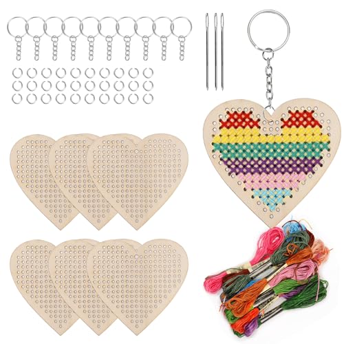 Swpeet 64Pcs Herz Form Holz Kreuz Stich mit Schlüsselbund, Sprung Ring, Faden und Nadeln Sortiment Kit, Holz Näh Kit für Anfänger, Handwerk Nadel Stickerei Kit für DIY hängende Dekor Geschenk Swpeet 64Pcs Herz Form Holz Kreuz Stich mit Schlüsselbund, Sprung Ring, Faden und Nadeln Sortiment Kit, Holz Näh Kit für Anfänger, Handwerk Nadel Stickerei Kit für DIY hängende Dekor Geschenk von Swpeet