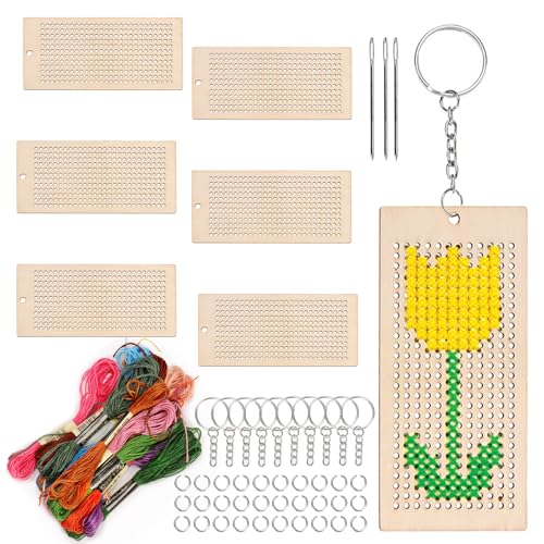 Swpeet 64Pcs Rechteckige Form Holz Kreuz Stich mit Schlüsselbund, Sprung Ring, Faden und Nadeln Sortiment Kit, Holz Näh Kit für Anfänger, Handwerk Nadel Stickerei Kit für DIY hängende Dekor Geschenk Swpeet 64Pcs Rechteckige Form Holz Kreuz Stich mit Schlüsselbund, Sprung Ring, Faden und Nadeln Sortiment Kit, Holz Näh Kit für Anfänger, Handwerk Nadel Stickerei Kit für DIY hängende Dekor Geschenk von Swpeet