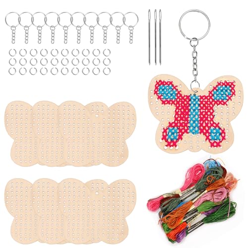 Swpeet 64Pcs Schmetterling Form Holz Kreuz Stich mit Schlüsselbund, Sprung Ring, Faden und Nadeln Sortiment Kit, Holz Näh Kit für Anfänger, Handwerk Nadel Stickerei Kit für DIY hängende Dekor Geschenk Swpeet 64Pcs Schmetterling Form Holz Kreuz Stich mit Schlüsselbund, Sprung Ring, Faden und Nadeln Sortiment Kit, Holz Näh Kit für Anfänger, Handwerk Nadel Stickerei Kit für DIY hängende Dekor Geschenk von Swpeet