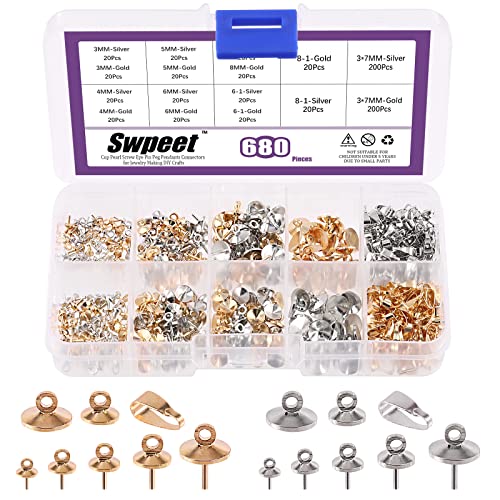 Swpeet 680 Stück Gold und Silber 3 mm 4 mm 5 mm 6 mm 8 mm Cup Perle Schraube Öse Pin Bail Peg Anhänger mit 7 mm Anhänger Charm-Verschlüsse Verbindungs-Set, perfekt für halb gebohrte von Swpeet