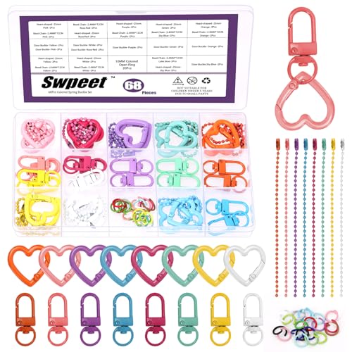 Swpeet 68pcs 8Colors drehbare Hummer Claw Verschlüsse mit herzförmigen Schlüsselanhänger Clips, Open Jump Ringe und Kugelketten Sortiment Kit, Metallkarabiner Schlüsselanhänger Clip von Swpeet