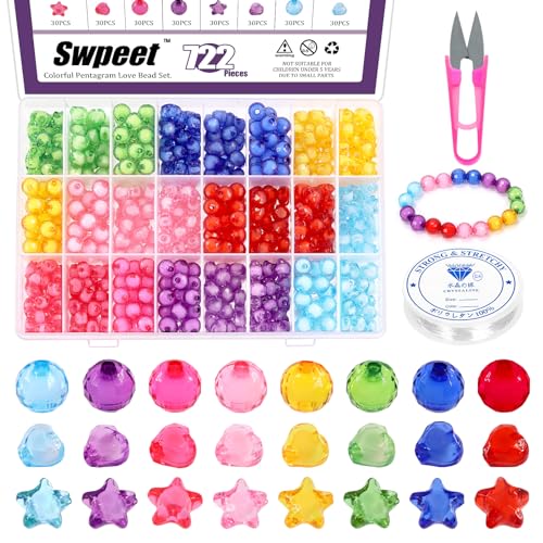 Swpeet 722Pcs Acrylic Heart Beads Star Beads (Colorful) 8 Süßigkeiten Farben 9/10/11mm Kunststoff Nette lose Perlen Kit Enthält elastische Strings, Schere für Mädchen Armbänder Schmuck Machen DIY von Swpeet