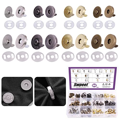 Swpeet 80 Sets magnetische Knopfverschlüsse, 14/18 mm Metallverschluss, Gold, Silber, Bronze, Schwarz, DIY, Nähen, Stricken, Knöpfe, Sets zum Nähen, Geldbörsen, Taschen, Kleidung, Leder, Silberfarben von Swpeet