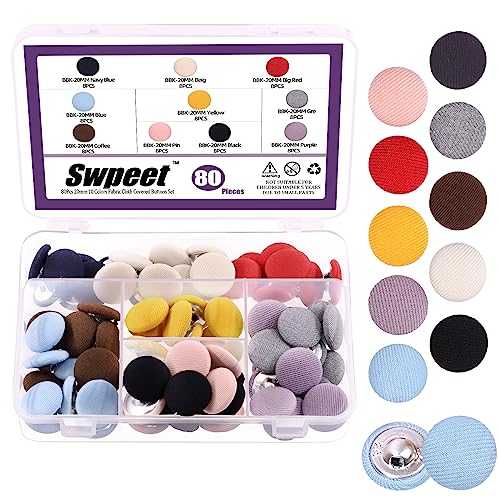 Swpeet 80Pcs 10 Farben 20mm Stoff bedeckt mit Metallschaft Runde Knöpfe Sortiment Kit, perfekt für Braut Hochzeit Kleid Satin Bluse Prom Dress & Formal Dress von Swpeet