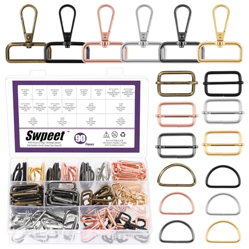 Swpeet 90pcs 6 Farben 32MM Metall D Ring & Rechteck Justierer Triglides Rutschen Schnalle & D Ring Drehbare Hummer Verschluss Kit, Halbkreis D Ringe Rollenstift Schnallen Drehbare Snap Haken von Swpeet