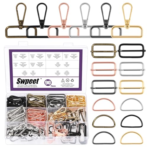 Swpeet 90pcs 6 Farben 38MM Metall D Ring & Rechteck Justierer Triglides Rutschen Schnalle & D Ring Drehbare Hummer Verschluss Kit, Halbkreis D Ringe Rollenstift Schnallen Drehbare Snap Haken von Swpeet