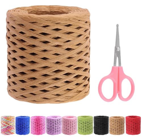 Swpeet Beautifu 1 Roll Light Kaffee 218 Yards Raffia Papier Craft Band mit Schere Sortiment Kit, natürliche Raffia String Kraft Craft Verpackung Papier Twine für Geschenke DIY von Swpeet