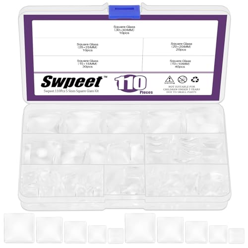 Swpeet Glass Cabochons for Photo Pendant Craft Jewellery Making (N5) 110Pcs 5 Größen Quadratische transparente Glaskuppel Cabochons Fliesen Sortiment Kit, Klarglas Cabochons Fliesen von Swpeet