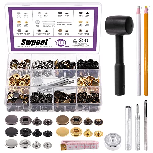Swpeet Leder Schnappverschlüsse Kit 100 Sets 15mm Leder Druckknöpfe mit 4 Stück Befestigungswerkzeug und Plastikhammer Sortiment Kit, Handwerk Snap Leder Druckknöpfe Metall Druckknöpfe Metall Knopf Swpeet Leder Schnappverschlüsse Kit 100 Sets 15mm Leder Druckknöpfe mit 4 Stück Befestigungswerkzeug und Plastikhammer Sortiment Kit, Handwerk Snap Leder Druckknöpfe Metall Druckknöpfe Metall Knopf von Swpeet