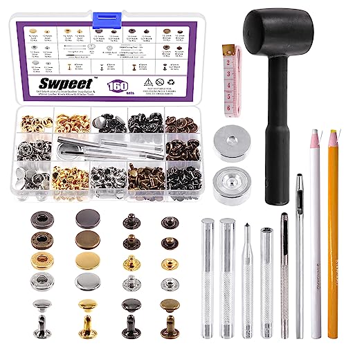 Swpeet Leder Schnappverschlüsse Kit 160 Sets 12,5 mm Lederschnappverschlüsse und 8 mm Ledernieten Doppelkappennieten mit Befestigungswerkzeug Werkzeugsortiment, Doppelkappennieten von Swpeet