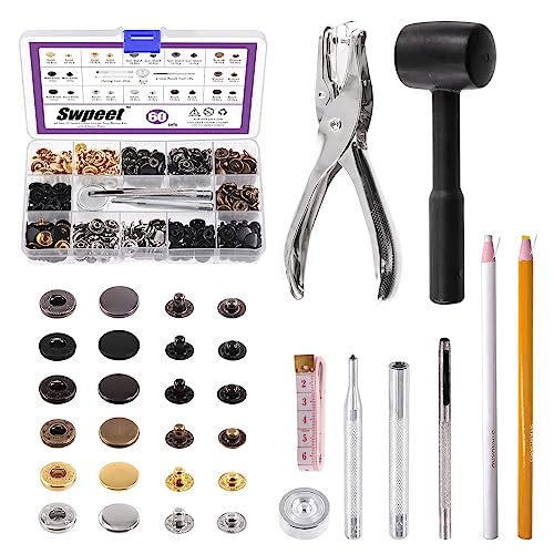 Swpeet Leder Schnappverschlüsse Kit 60 Sets 12,5 mm Lederdruckknöpfe und Lochzange mit 4 Stück Befestigungswerkzeug-Sortiment, Lederdruckknöpfe Metalldruckknöpfe Metallknopfdruckknöpfe Swpeet Leder Schnappverschlüsse Kit 60 Sets 12,5 mm Lederdruckknöpfe und Lochzange mit 4 Stück Befestigungswerkzeug-Sortiment, Lederdruckknöpfe Metalldruckknöpfe Metallknopfdruckknöpfe von Swpeet