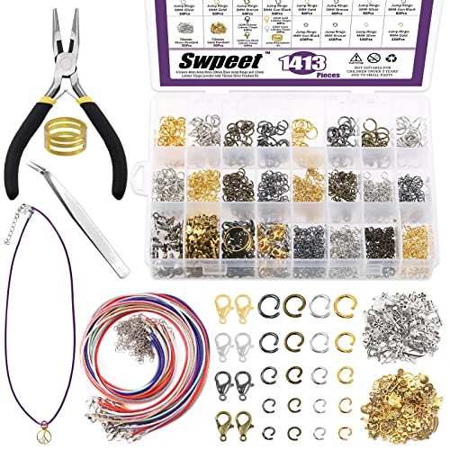 Swpeet Offene Binderinge und Karabinerverschlüsse mit Schmuckreparaturwerkzeugen, 4 mm, 5 mm, 6 mm, 8 mm, 10 mm, 1414 Stück, inklusive gewachsten Halskettenschnüre, 12 mm Karabinerverschlüsse, von Swpeet