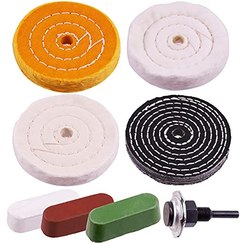 Swpeet Polierscheiben, 7-teilig, 10,2 cm, 8-teiliges Set mit 3 Poliermassen und 6,35 mm Bohrschaft, weiße Baumwolle (50-lagig)/gelbe Baumwolle (36-lagig)/Flanell (30-lagig)/Denim-Räder für von Swpeet