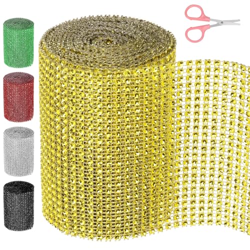 Swpeet Rhinestone Ribbon 4.5Y for Decorations and Crafts (Golden) 1 Rolle 4.7Inch × 4.5 Yards 24 Reihen Gold Strass Band mit Schere, Faux Kristall Strass Mesh Band, Bling Diamant Wrap Trim Band von Swpeet