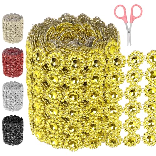 Swpeet Sunflower Rhinestone Ribbon 3Y for Crafts Decorations (Golden)1 Rolle 4 Zoll × 3 Yards 6 Reihen Gold Strass Band mit Schere, Faux Kristall Strass Blume Mesh Band, Bling Diamant Wrap Trim von Swpeet