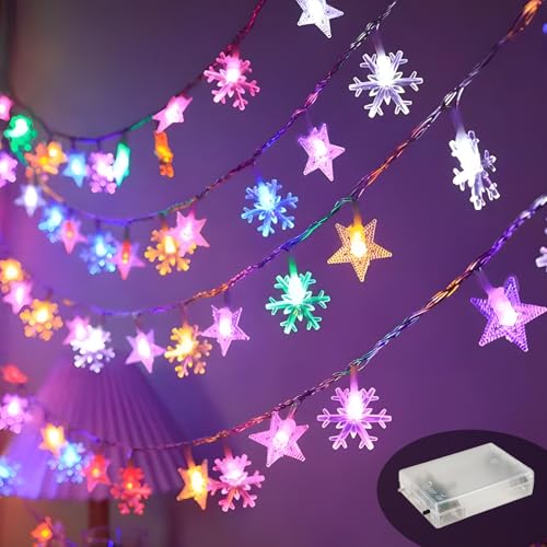 Led Lichterkette, 10M 100LED Sterne Kugel, Batteriebetriebene Lichter für Weihnachtsbaum Dekor (Fünfzackiger Stern + Schneeflocke in Warmer Farbe) von Swsdee