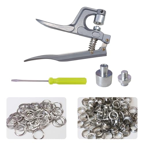 Profi Ösenzange Set mit 100 Ösen (Innen-Ø 10mm), für Kleidung, Metall, Zange, enthält eine Installationsform + eine Stanzform + 100 Sets Luftösen-Knöpfe, silberfarben von Swsdee